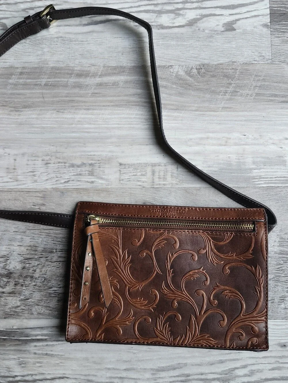 Tignanello Brown Embossed Leather Crossbody Bag RFID Boho NWOT